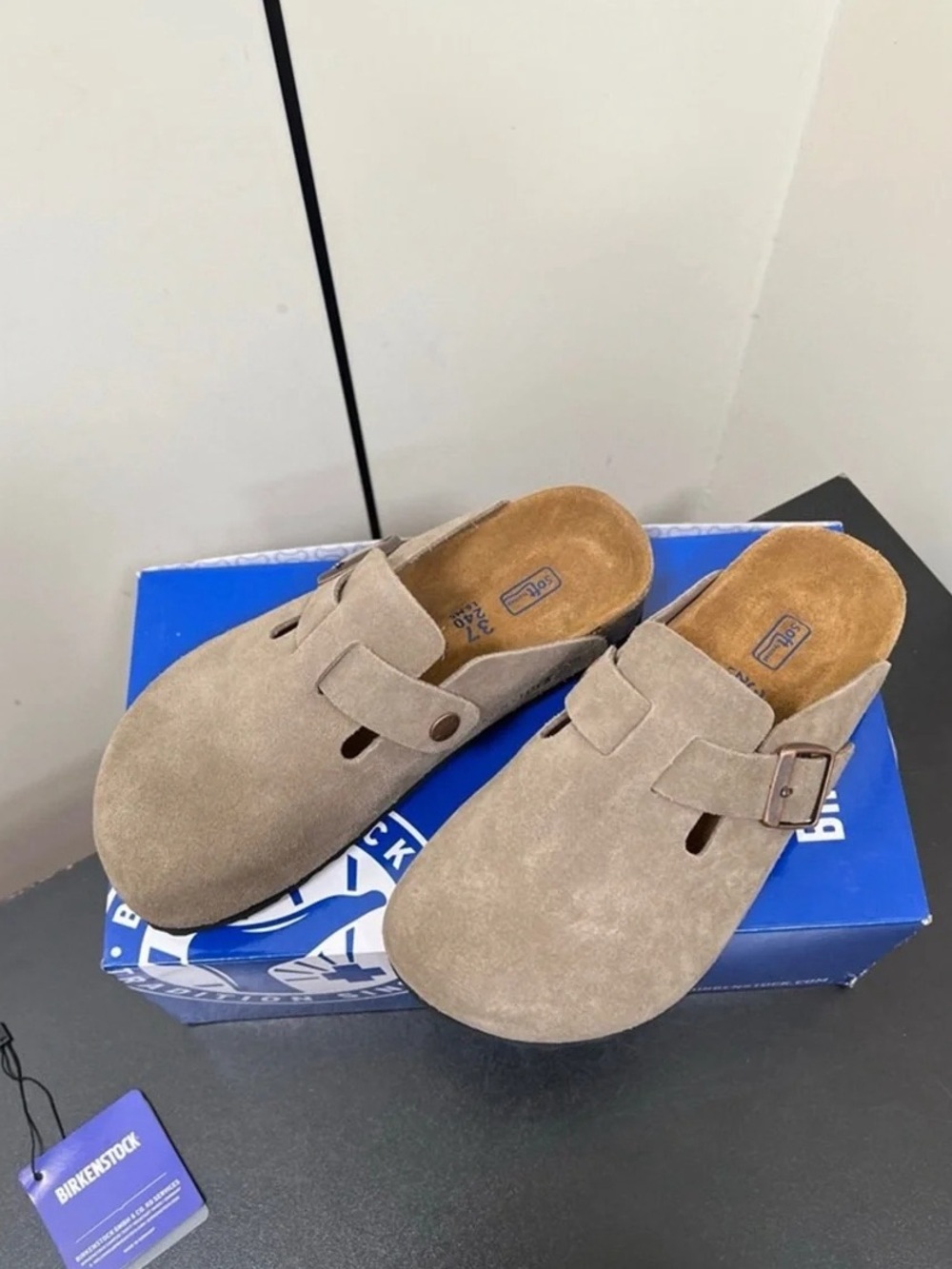 BIRKENSTOCK Boston taupe suede mule clogs